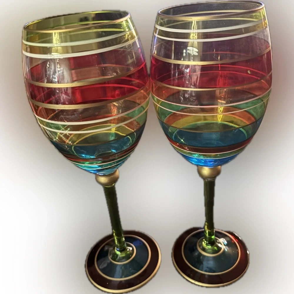 VTG Pier 1 Imports Festive Stripe Wine Glasses Set of 4 - Hand Painted Gold Gilt